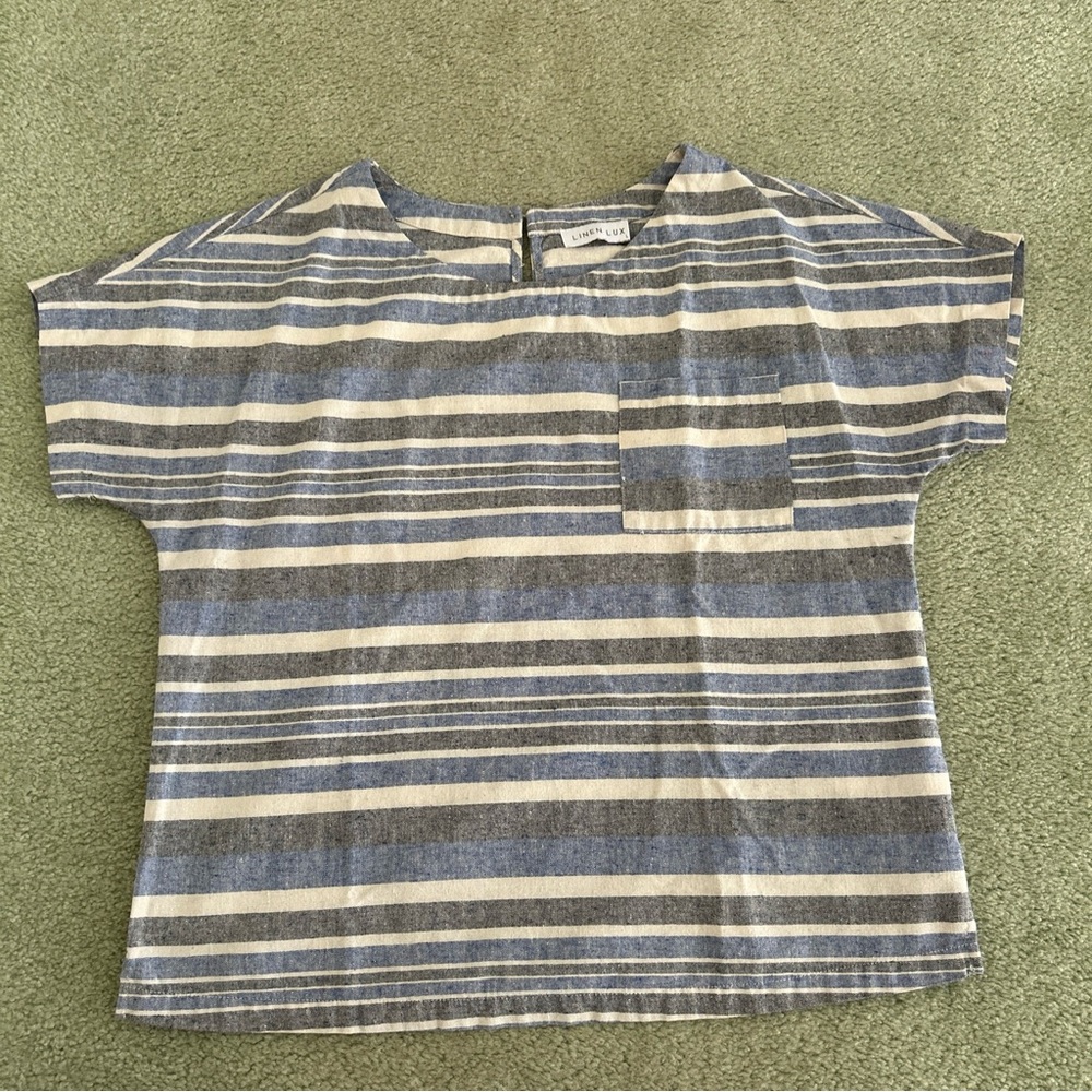 Linen Lux women’s cream grey blue striped top size Large